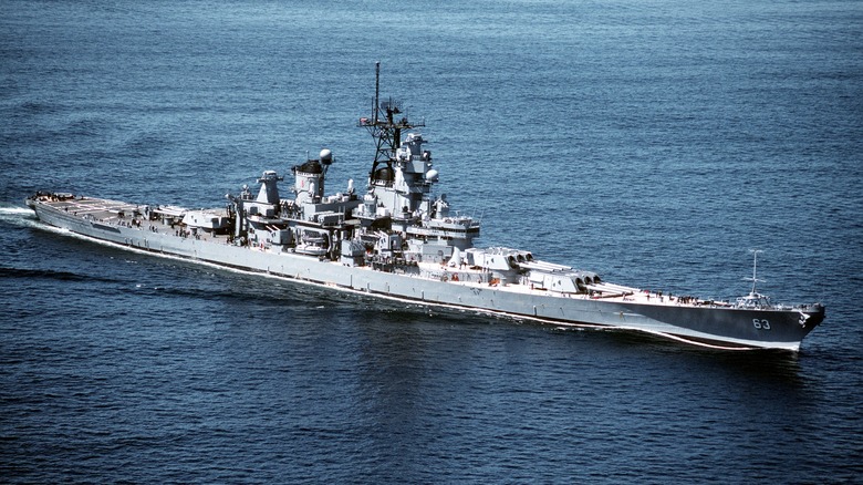 The USS Missouri at sea after her 1980s refit
