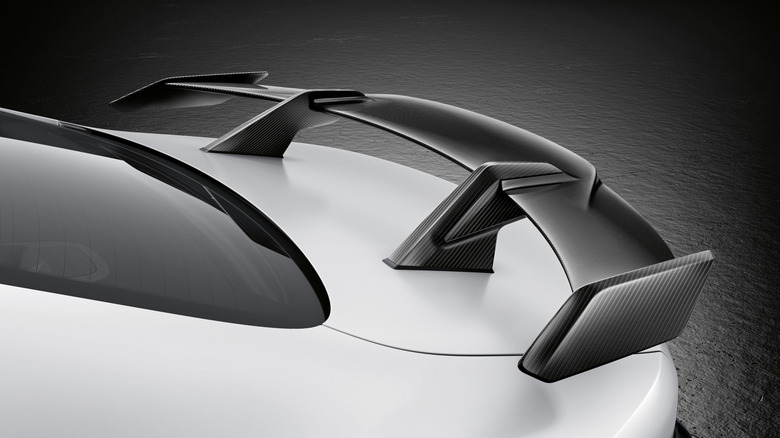Close up of BMW M4 carbon fiber rear wing