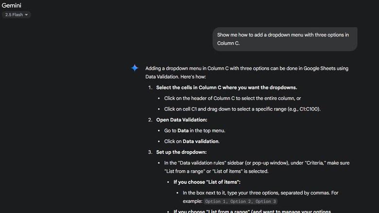 Using Google Gemini to learn how to add a dropdown menu in Sheets