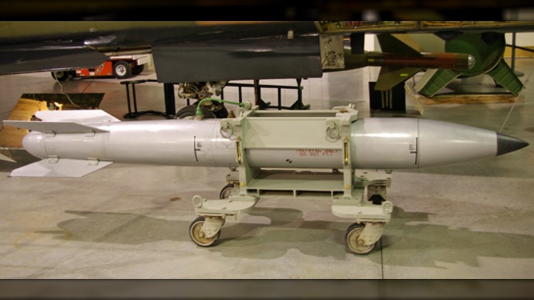 A B61 Thermonuclear Bomb resting in a cradle