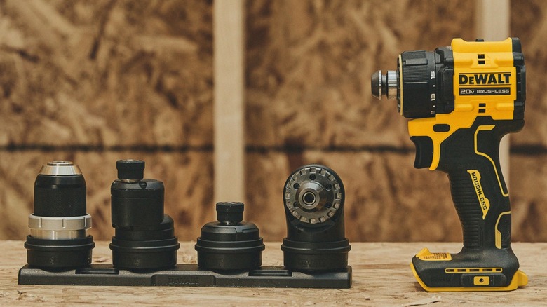 DeWalt's 20V Atomic Multi-Head Drill/Driver with accessory heads mounted to the included organizer.