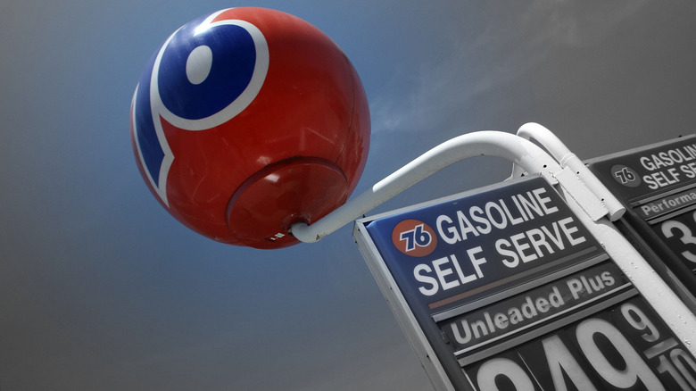 76 ball at a Union 76 gas station as viewed from below with color enhancement.