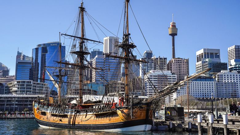 A replica of Captain Cook's famous ship, HM Bark Endeavour, in Sydney.