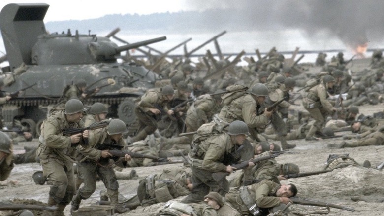 American soldiers storming the beaches of Normandy, France in "Saving Private Ryan."