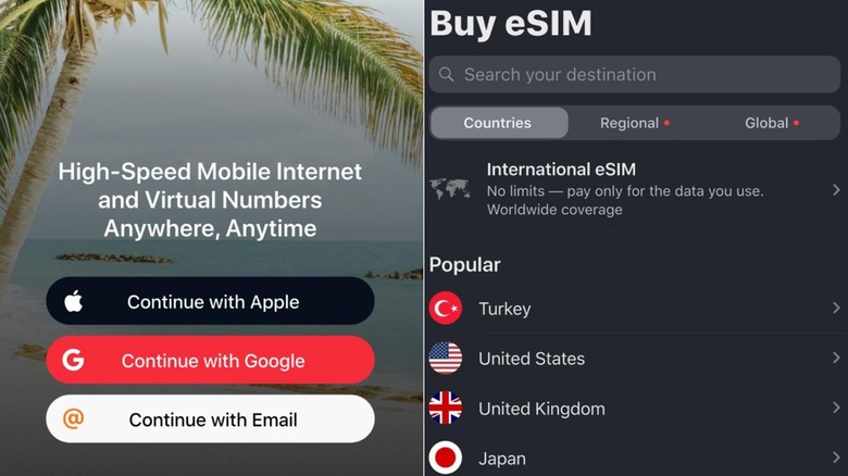 Two images of the Yesim eSIM app side by side