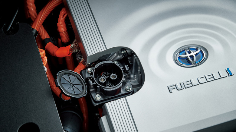 Close-up of Toyota Mirai FCEV fuel cell with cap open