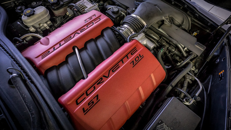 7.0-liter LS7 V8 with red valve covers in engine bay