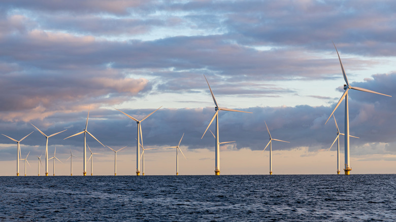 A row of off-shore wind turbines.