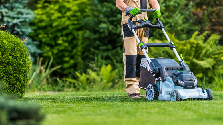 Person in green gloves using lawn mower in yard