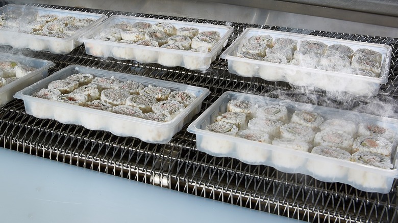 Trays of food move on a conveyor through an Air Products Freshline IQ cryogenic tunnel freezer