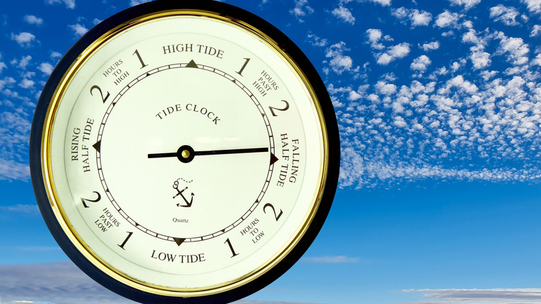 A modern tide clock on a sky background