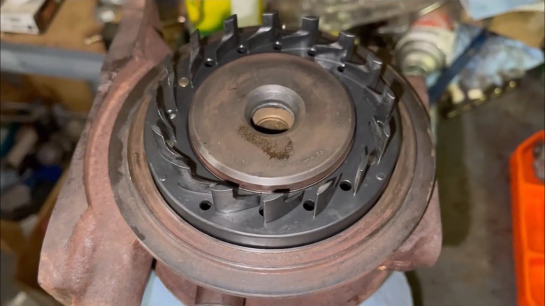Inside of Holset variable geometry turbocharger showing the movable ring with vanes