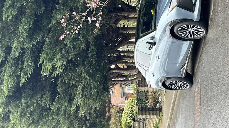 A light blue Lexus RZ parked on a street