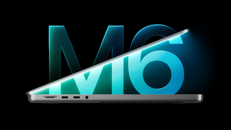MacBook Pro with M6 text written in the background.