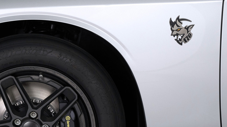 Close up view of Demon 170 badge and wheel on Dodge Challenger Demon 170.