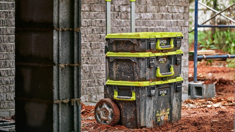 a ryobi link modular rolling toolbox with two additional stacked boxes