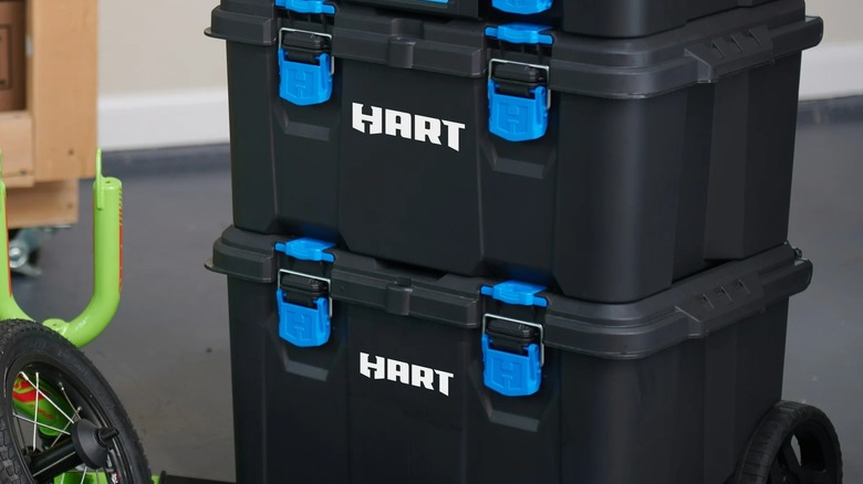a closeup image of walmart's hart stack system modular rolling toolbox