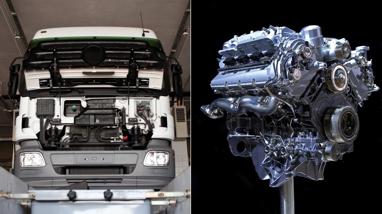 Diesel engine in a truck beside an isolated gasoline engine