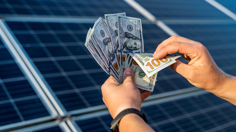 A hand holding hundred dollar bills in front of solar panels