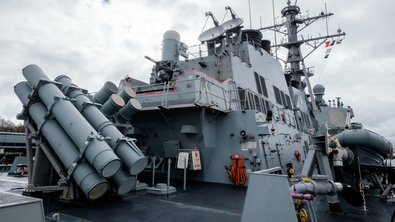 View of various weapons on Arleigh Burke destroyer