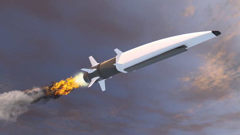 A 3D illustration of a hypersonic missile flying beneath the clouds