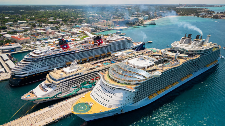 Different sized cruise ships docked at port