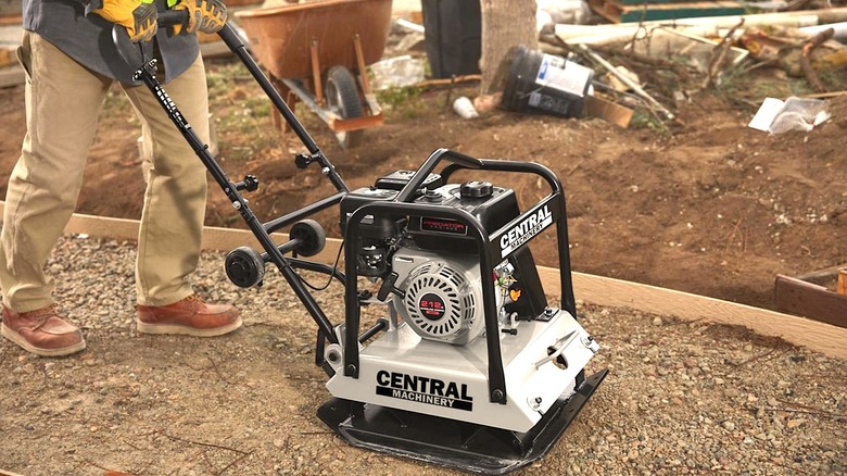 Person using Harbor Freight Plate compactor