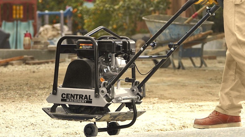 Person using Harbor Freight Plate compactor