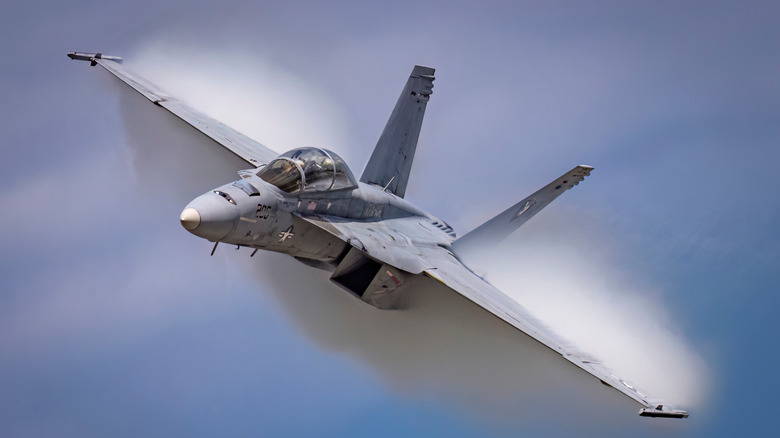 An FA-18 Super Hornet performs a demo at the 2023 Cleveland International Airshow.