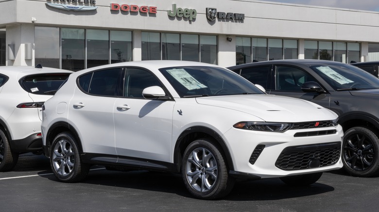 Dodge Hornet R/T PHEV on display at a dealership, white exterior