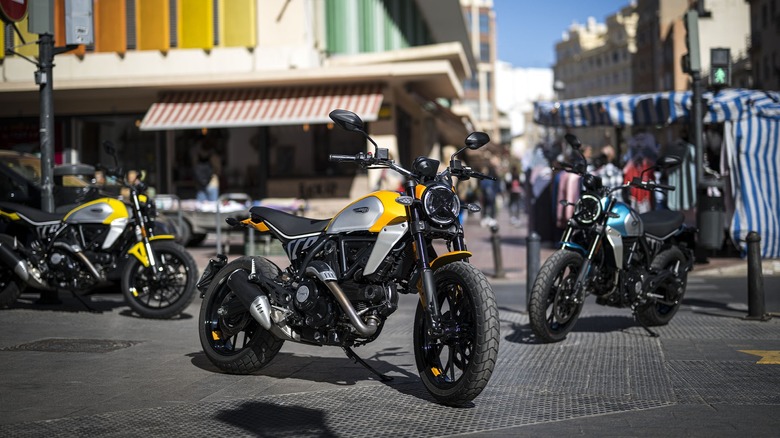 Three Ducati Scrambler 800's on display