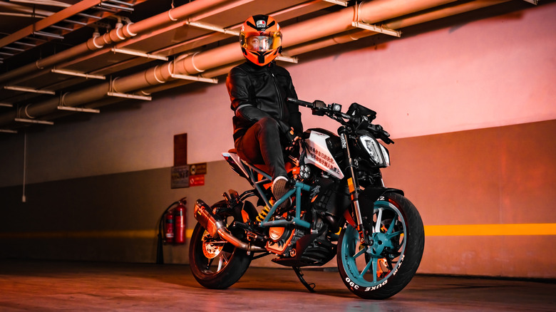 KTM Duke 390 sports bike in the parking tunnel with LED lights