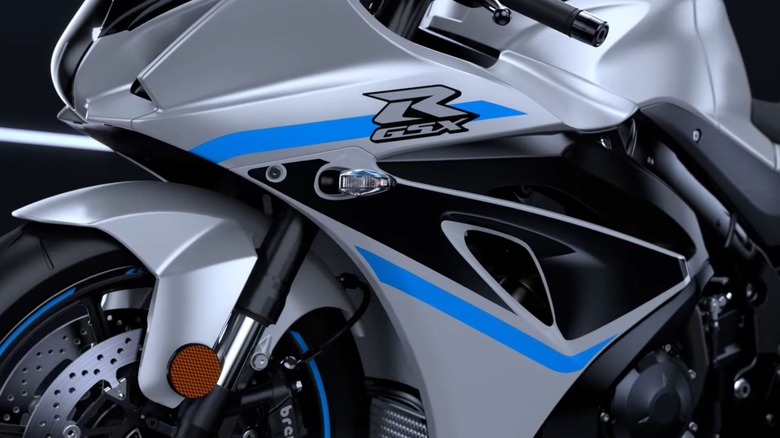 Close-up of a Silver Suzuki GSX-R1000 showing the GSX-R logo