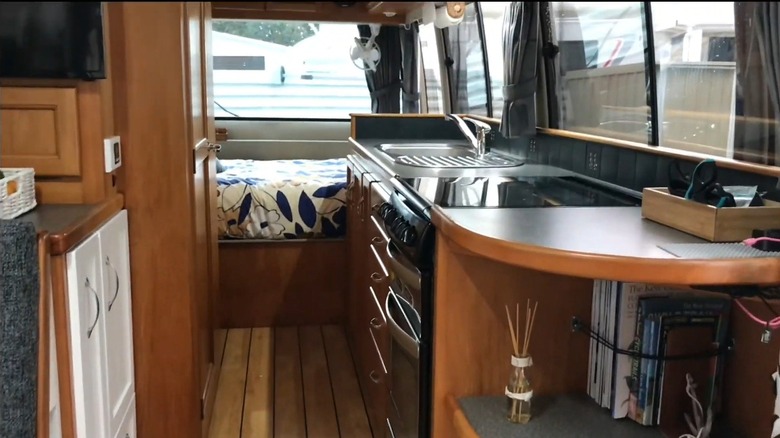 The interior of a Coaster that has been converted into a motorhome