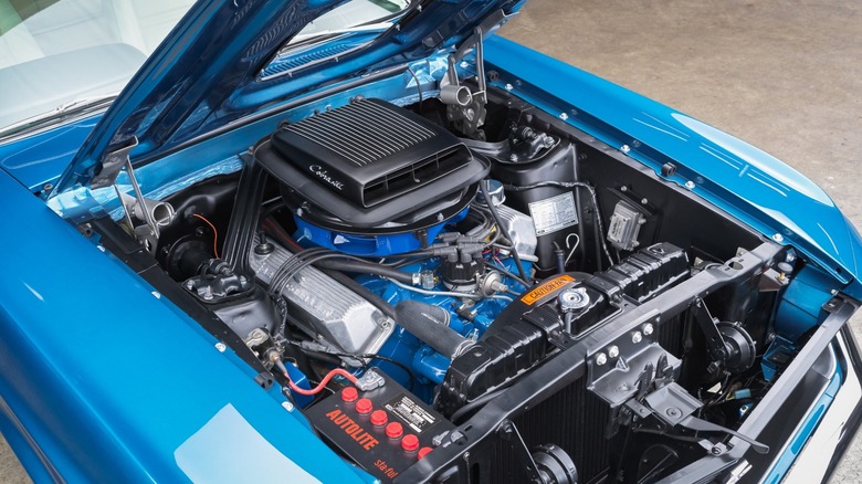 Picture of a 429 Cobra Jet engine in a Ford Mustang.