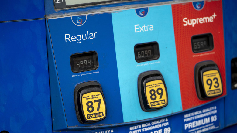 Close-up of gas pump displaying prices for 87 octane (4.99), 89 octane (6.09), and 93 octane (6.59)