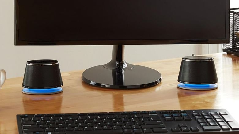 Amazon Basics speakers connected to a computer.