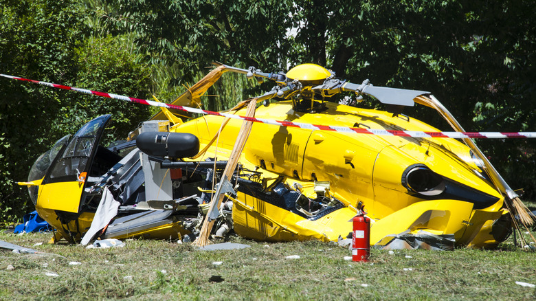 A helicopter that crashed during takeoff.
