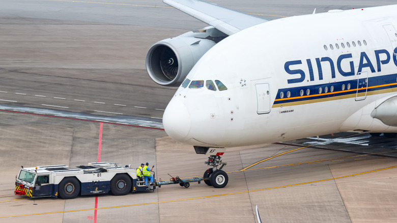 Aircraft tug attached to an Airbus A380