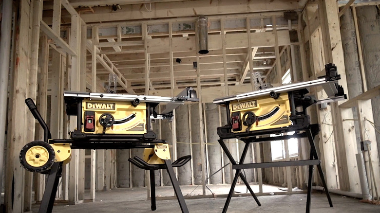 DeWalt table saws setup for use on a work site