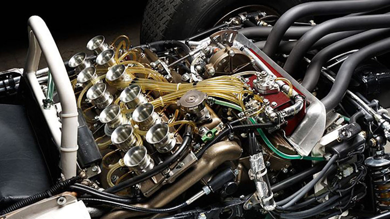 loseup of Honda RA272 V12 engine in F1 race car