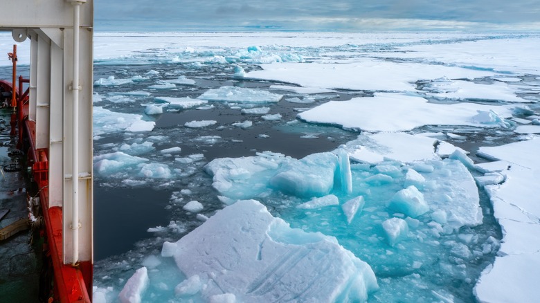 View of the back of an icebreaker ship sailing through broken ice