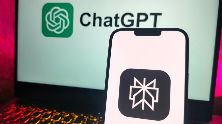 Laptop with ChatGPT logo and smartphone with Perplexity logo