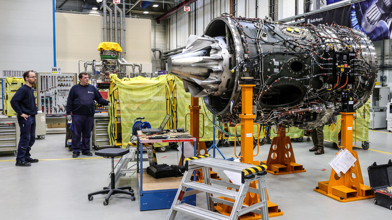 Rolls-Royce jet engine dismantled and being inspected