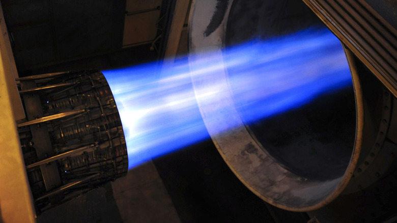 Blue colored exhaust from a jet engine test