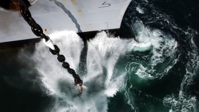 A deployed anchor from a Nimitz-class aircraft carrier