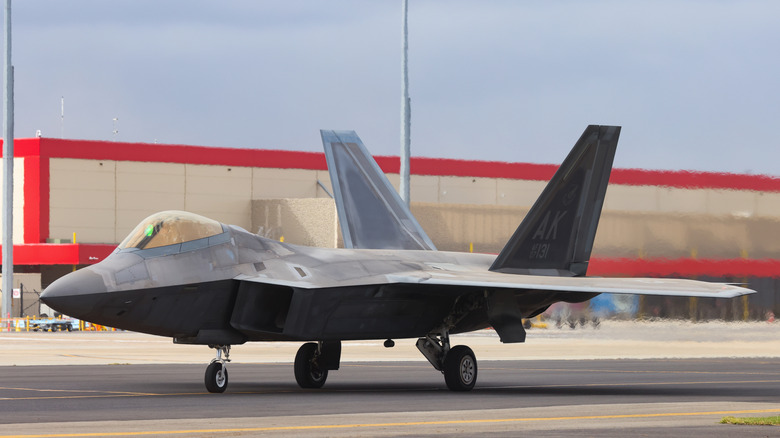 An F-22 Raptor on the ground.