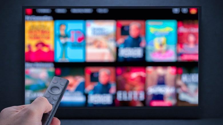 A person holding remote control in front of a blurred TV screen