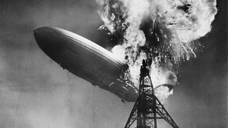The Hindenburg catching fire as it attempted to land