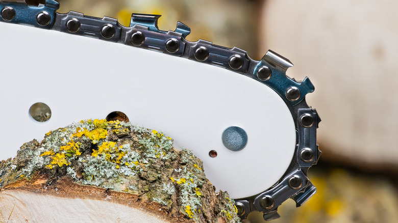 Closeup of a chainsaw chain on a saw cutting through a log